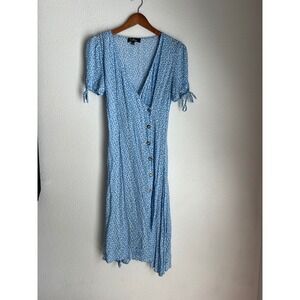 Lulus Women's Midi Dress Blue White Floral Print Short Sleeve‎ Casual